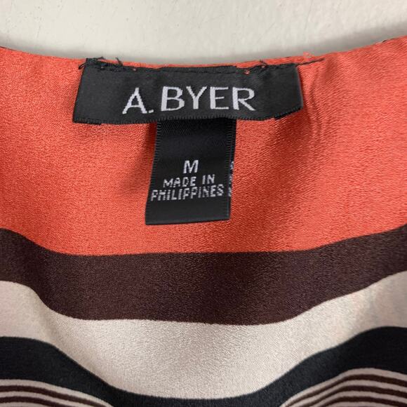 A Byer Dress Multi Stripe V neck Flounce Ruffle Sleeveless Dress Coral Orange M - Picture 7 of 10